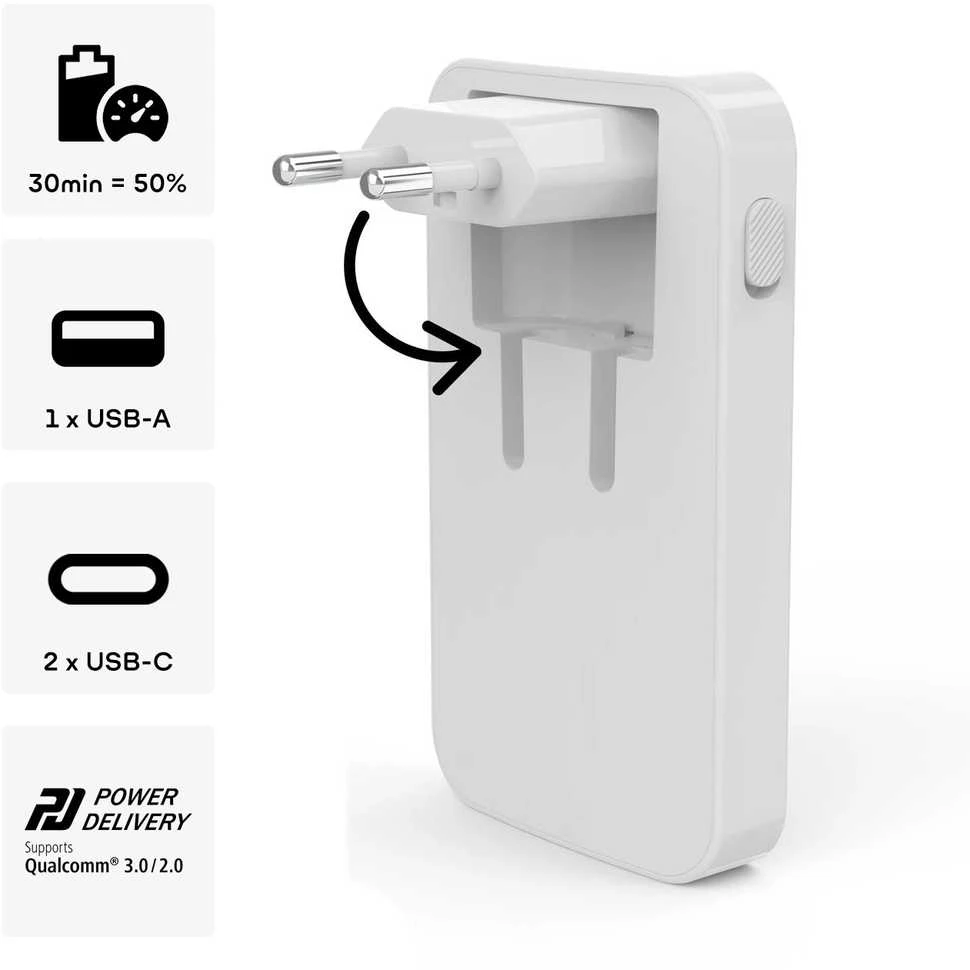 Hama 65W GaN, 2X USB-C, 1X USB-A, balta