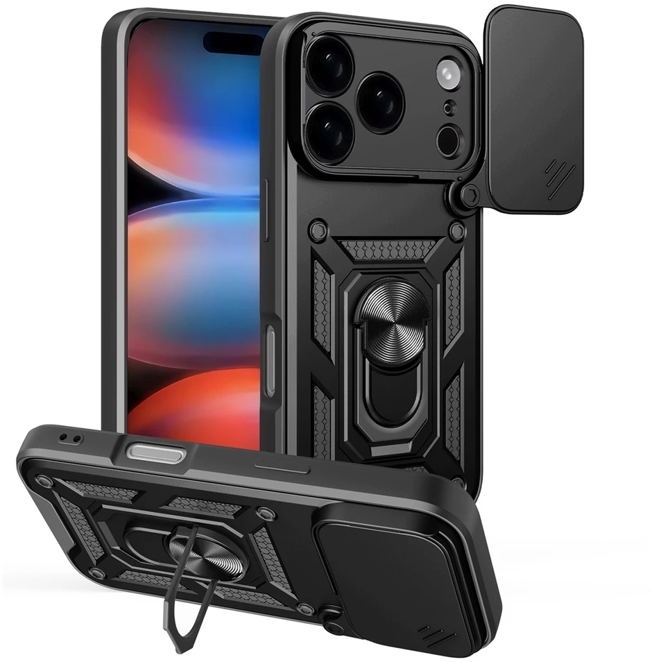 Hurtel Dėklas Hybrid Armor Camshield skirtas Apple iPhone 17 Pro šarvuotas su stoveliu ir kameros apsauga – juodos spalvos