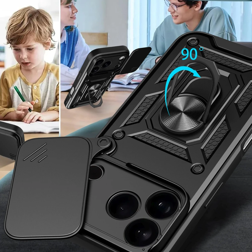 Hurtel Dėklas Hybrid Armor Camshield skirtas Apple iPhone 17 Pro šarvuotas su stoveliu ir kameros apsauga – juodos spalvos