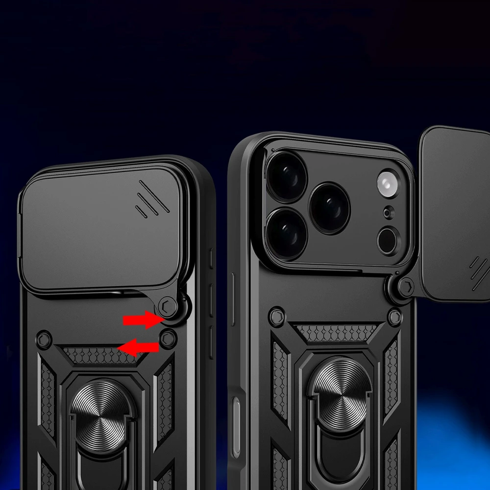 Hurtel Dėklas Hybrid Armor Camshield skirtas Apple iPhone 17 Pro šarvuotas su stoveliu ir kameros apsauga – juodos spalvos