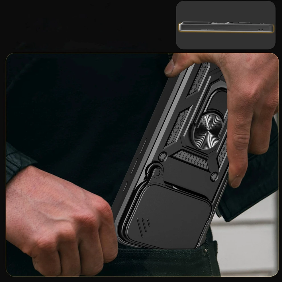 Hurtel Dėklas Hybrid Armor Camshield skirtas Apple iPhone 17 Pro šarvuotas su stoveliu ir kameros apsauga – juodos spalvos