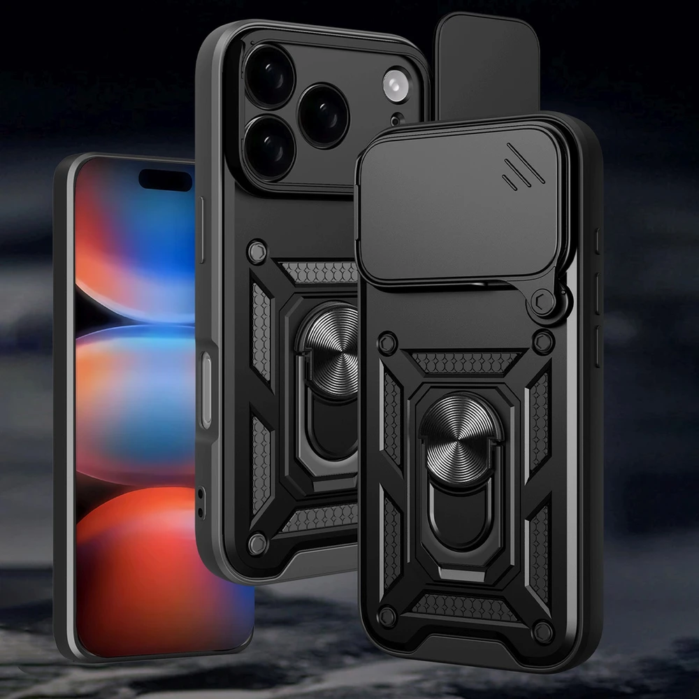 Hurtel Dėklas Hybrid Armor Camshield skirtas Apple iPhone 17 Pro šarvuotas su stoveliu ir kameros apsauga – juodos spalvos