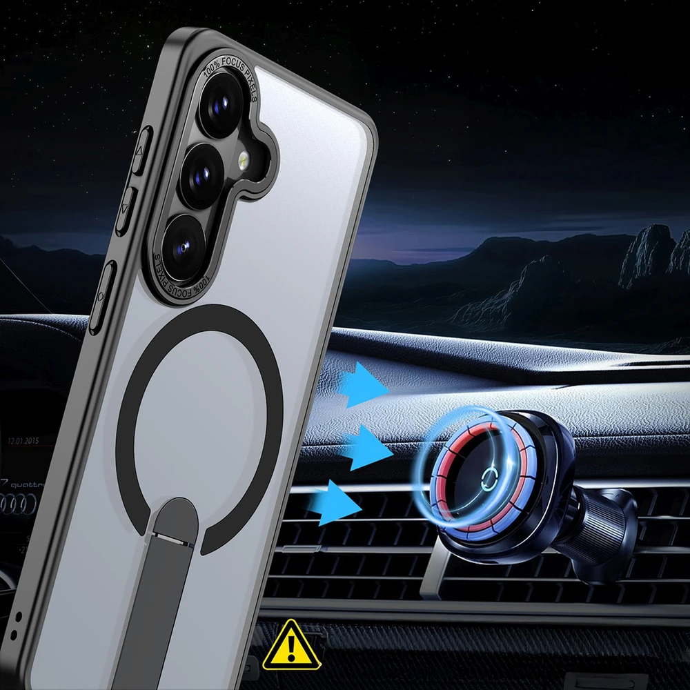 „Hurtel Hybrid Armor X“ dėklas, skirtas „Samsung Galaxy S26“ su stovu, suderinamas su „MagSafe“ – juodos spalvos