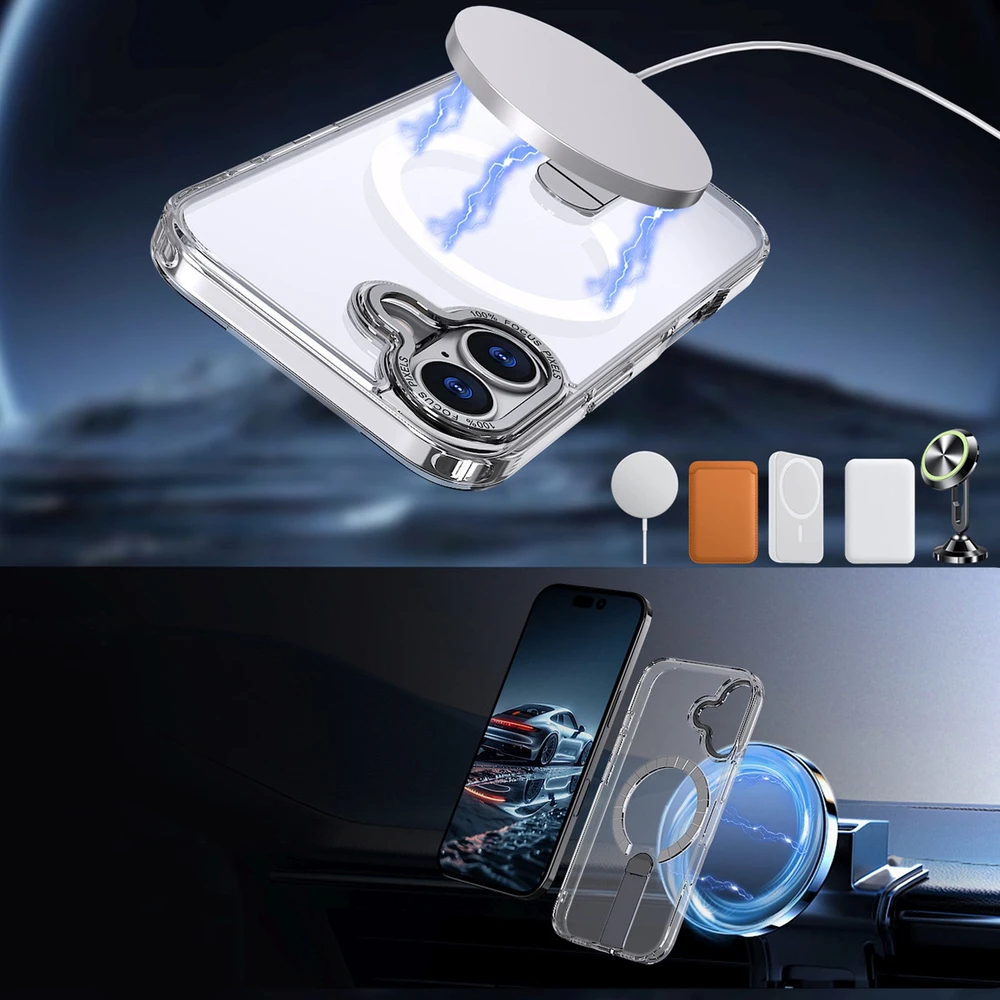 Hurtel Hybrid Armor X dėklas skirtas Apple iPhone 17 su stoveliu, suderinamas su MagSafe – skaidrus