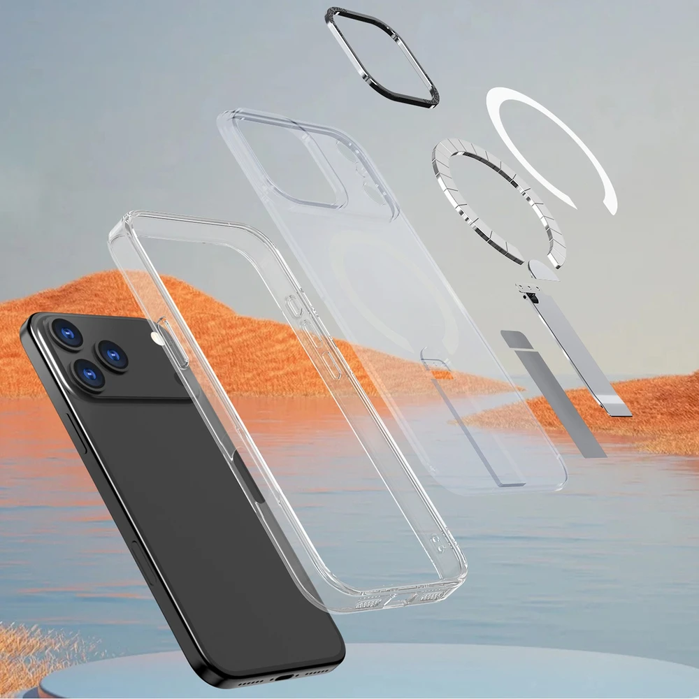 Hurtel Hybrid Armor X dėklas skirtas Apple iPhone 17 Pro su stoveliu, suderinamas su MagSafe – skaidrus