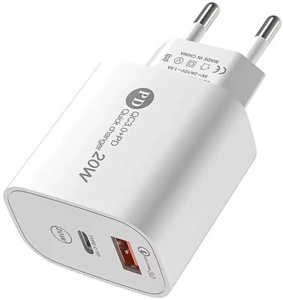 Hurtel A6MaxL 20W USB-A USB-C laidinis įkroviklis su 1m USB-C – Lightning kabelis – baltos spalvos
