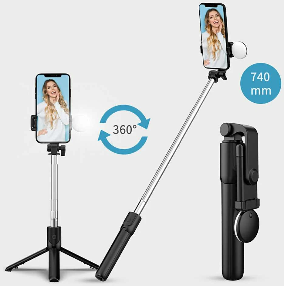Hurtel Selfie stick WR1YXS telescopic tripod 0.71m with round lamp – juodos spalvos