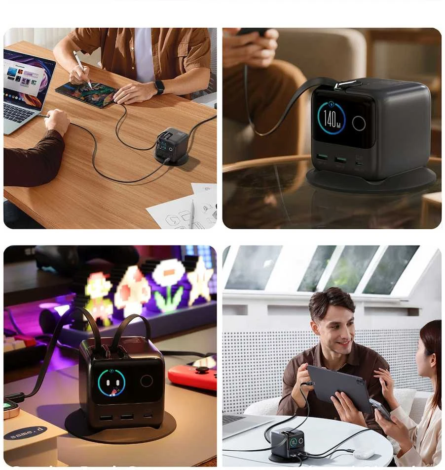 „Joyroom Podix JR-TRD01 GaN 140W“ su 5 prievadais ir dviem ištraukiamais kabeliais – pilkas
