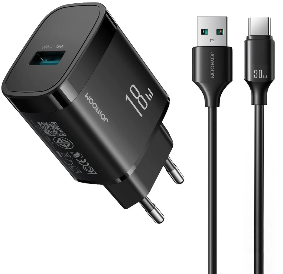 Joyroom JR-TF4 18W sieninis įkroviklis su 3A USB-A - USB-C 1m laidu - juodas