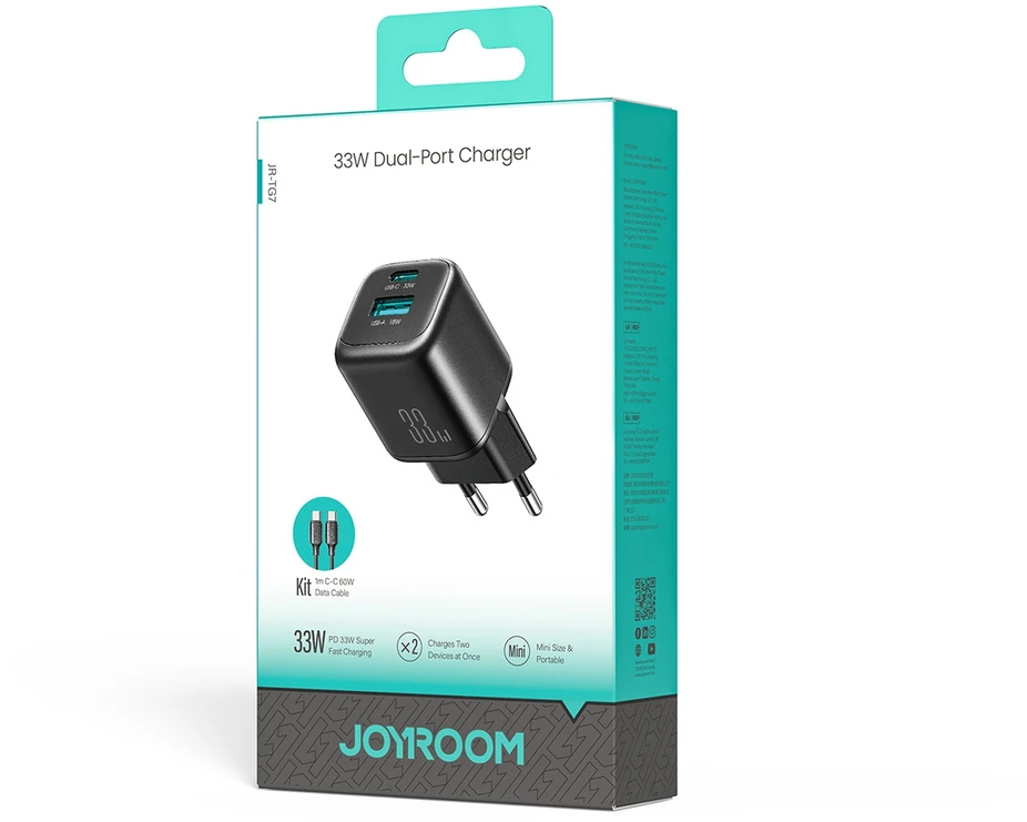 Joyroom JR-TG7 33W USB-A + USB-C sieninis įkroviklis su 60W USB-C į USB-C 1m laidu - Juodas