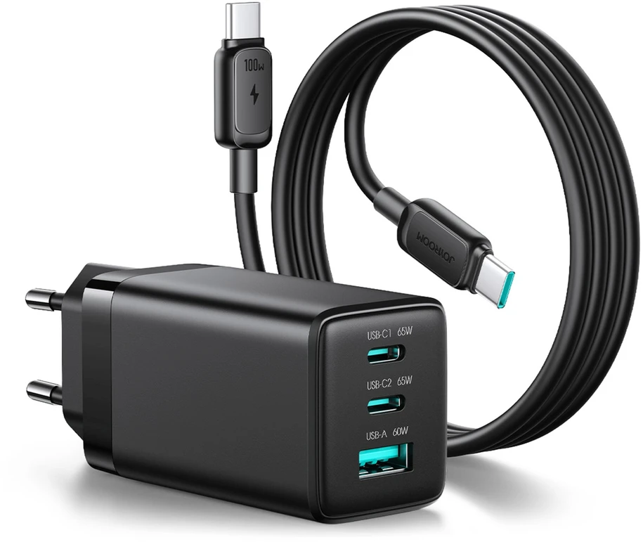 Joyroom JR-TG10 65W GaN 2x USB-C + USB-A sieninis įkroviklis su 100W USB-C - USB-C 1,2 m laidu - juodas