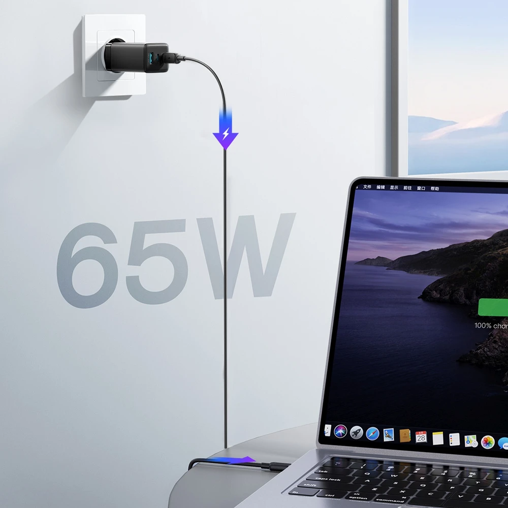 Joyroom JR-TG10 65W GaN 2x USB-C + USB-A sieninis įkroviklis su 100W USB-C - USB-C 1,2 m laidu - juodas
