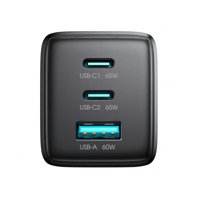 Joyroom JR-TG10 65W GaN 2x USB-C + USB-A sieninis įkroviklis su 100W USB-C - USB-C 1,2 m laidu - juodas