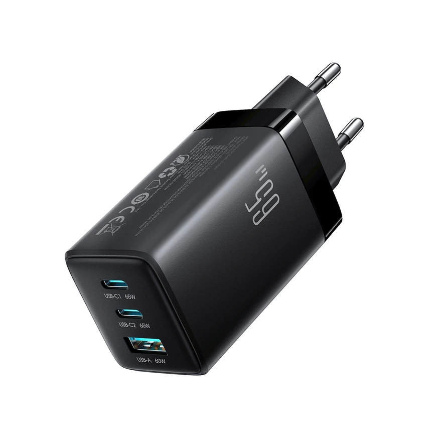 Joyroom JR-TG10 65W GaN 2x USB-C + USB-A sieninis įkroviklis su 100W USB-C - USB-C 1,2 m laidu - juodas