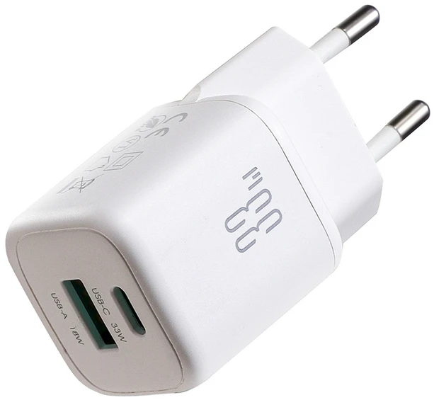 Joyroom JR-TG7 33W USB-A + USB-C sieninis įkroviklis su 30W USB-C - Lightning 1m laidu - baltas