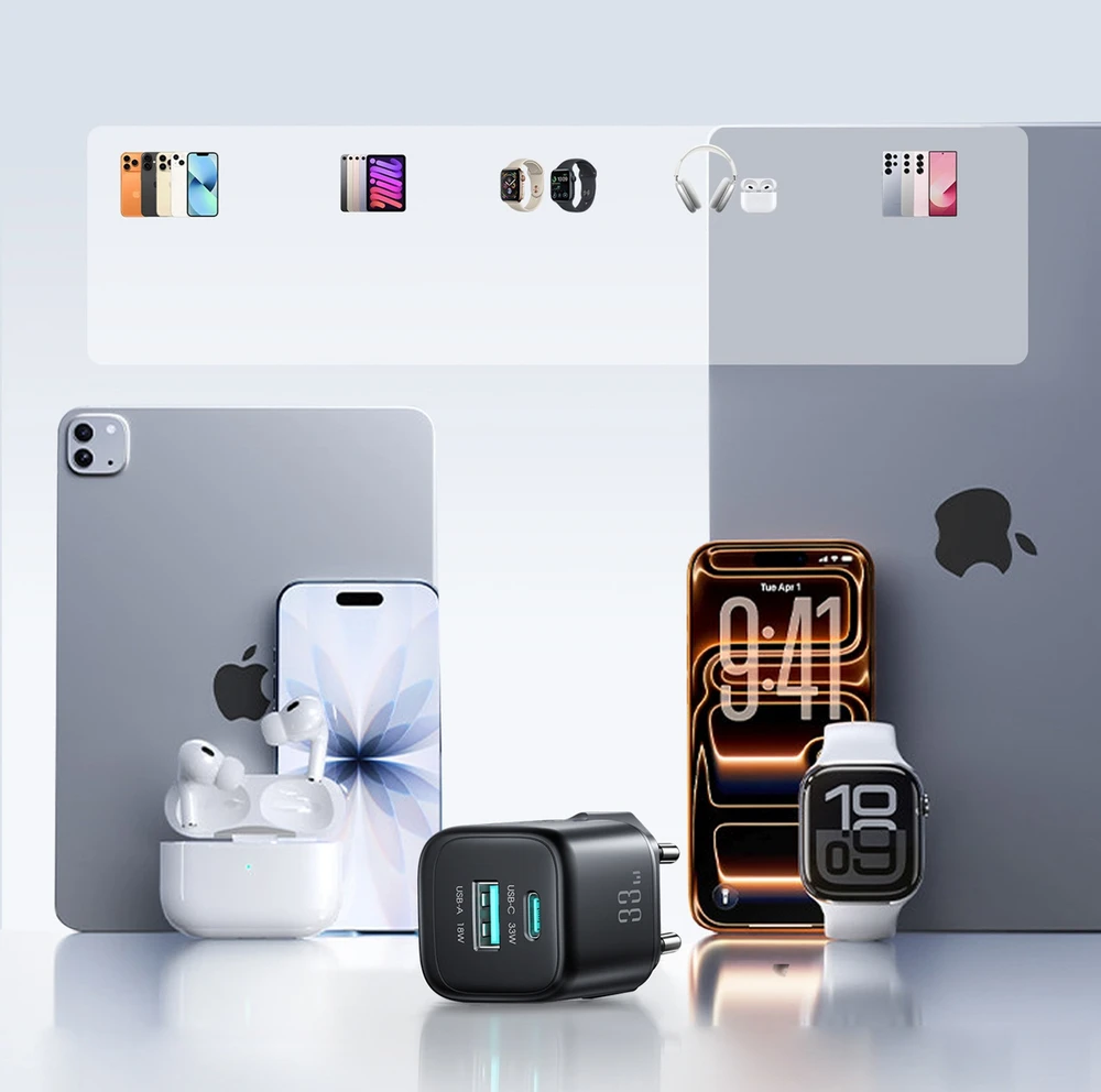 Joyroom JR-TG7 33W USB-A + USB-C sieninis įkroviklis su 60W USB-C į USB-C 1m laidu - Juodas