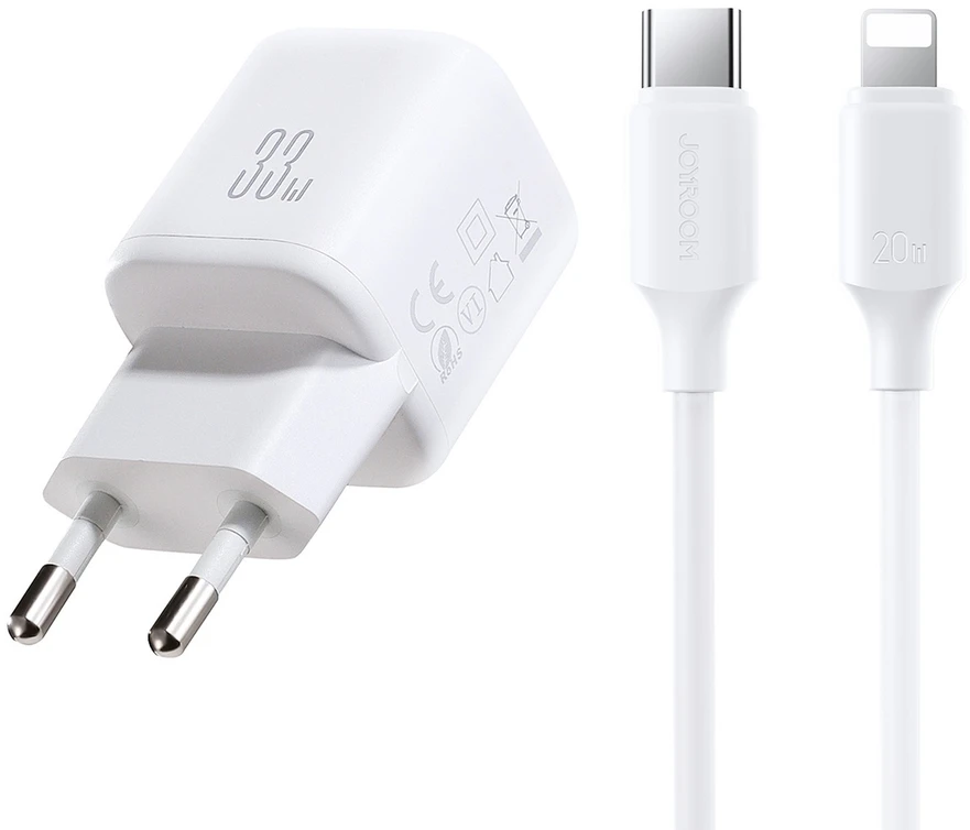 Joyroom JR-TG7 33W USB-A + USB-C sieninis įkroviklis su 30W USB-C - Lightning 1m laidu - baltas