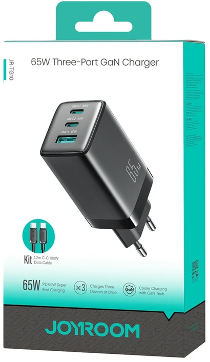 Joyroom JR-TG10 65W GaN 2x USB-C + USB-A sieninis įkroviklis su 100W USB-C - USB-C 1,2 m laidu - juodas