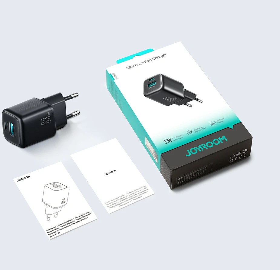 Joyroom JR-TG7 33W USB-A + USB-C sieninis įkroviklis su 60W USB-C į USB-C 1m laidu - Juodas
