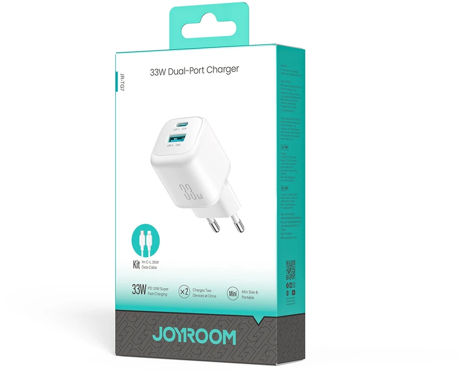 Joyroom JR-TG7 33W USB-A + USB-C sieninis įkroviklis su 30W USB-C - Lightning 1m laidu - baltas