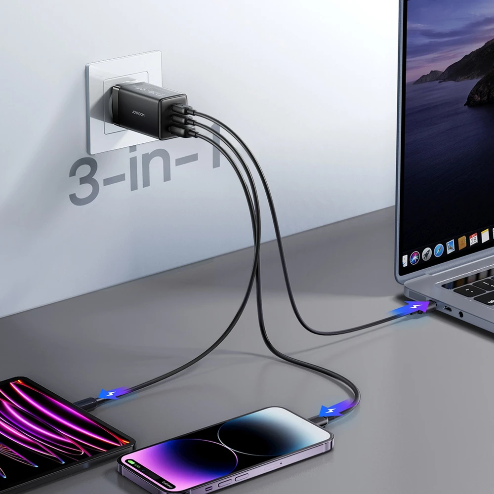 Joyroom JR-TG10 65W GaN 2x USB-C + USB-A sieninis įkroviklis su 100W USB-C - USB-C 1,2 m laidu - juodas
