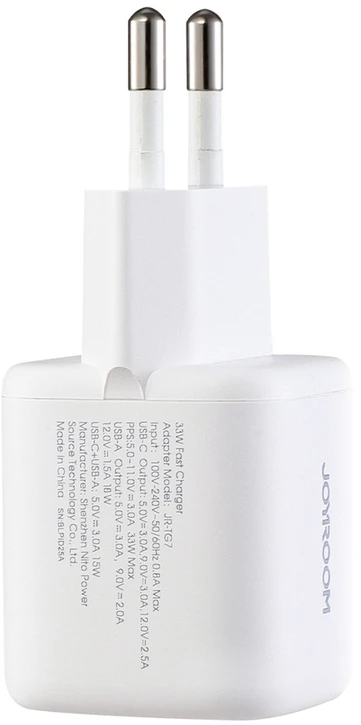 Joyroom JR-TG7 33W USB-A + USB-C sieninis įkroviklis su 30W USB-C - Lightning 1m laidu - baltas