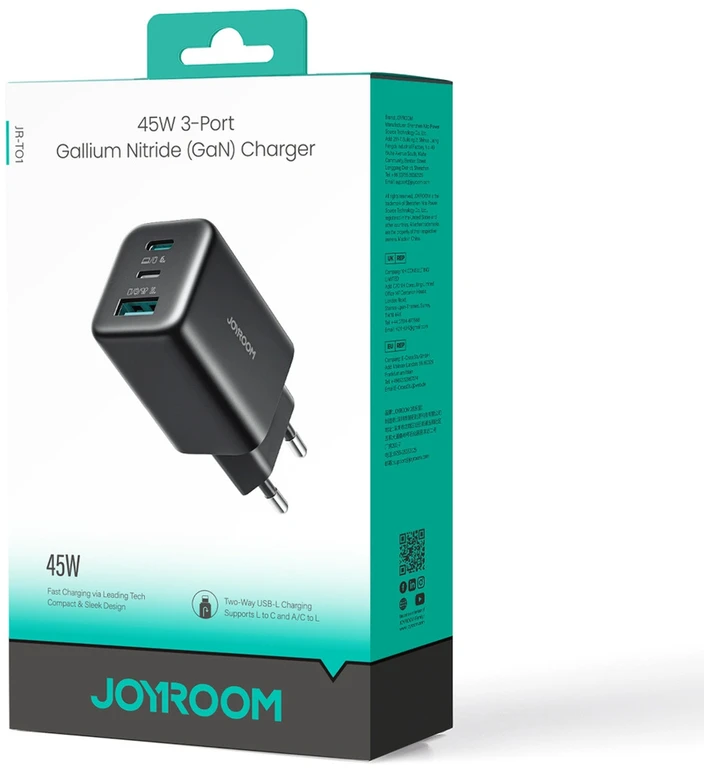 Įkroviklis jungiama į tinklą Joyroom JR-TO1 GaN 45 USB-C Lightning USB-A – juoda