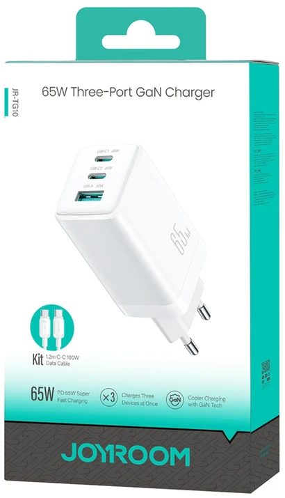 Joyroom JR-TG10 65W GaN 2x USB-C + USB-A sieninis įkroviklis su 65W USB-C - USB-C 1.2m laidu - baltas