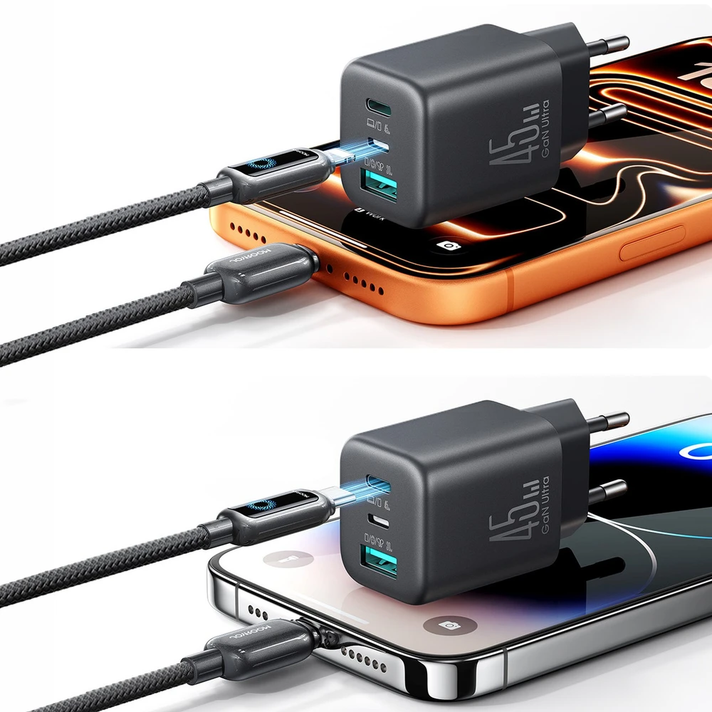 Įkroviklis jungiama į tinklą Joyroom JR-TO1 GaN 45 USB-C Lightning USB-A – juoda