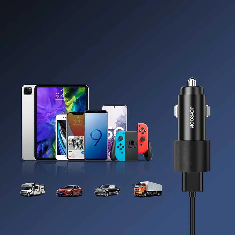 Įkroviklis automobilinis Joyroom JR-CL10 LED 2xUSB 24W + 3in1 USB Type-C/microUSB/Lightning 1.2m juodas