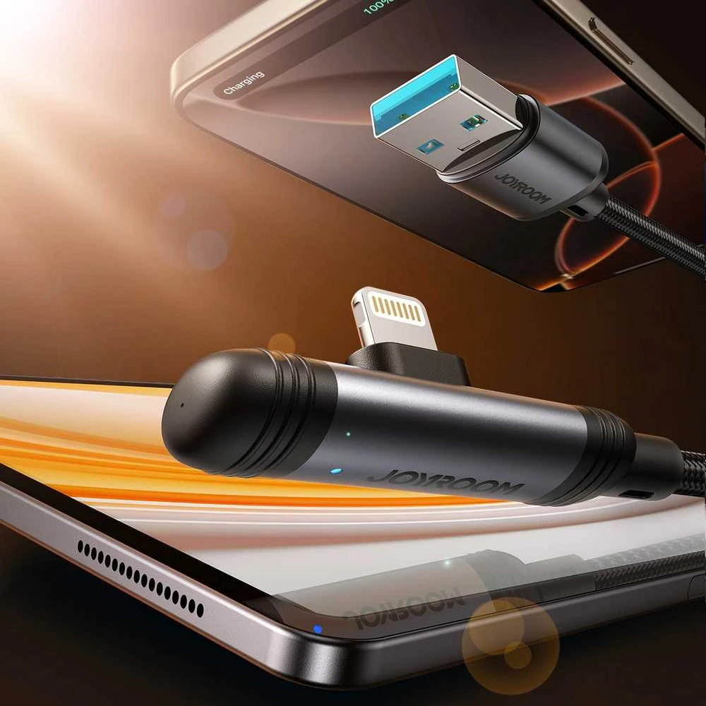 Joyroom S-A56 EnjoyX Series 90° USB-A – Lightning 3A kabelis 1.2m – juodos spalvos