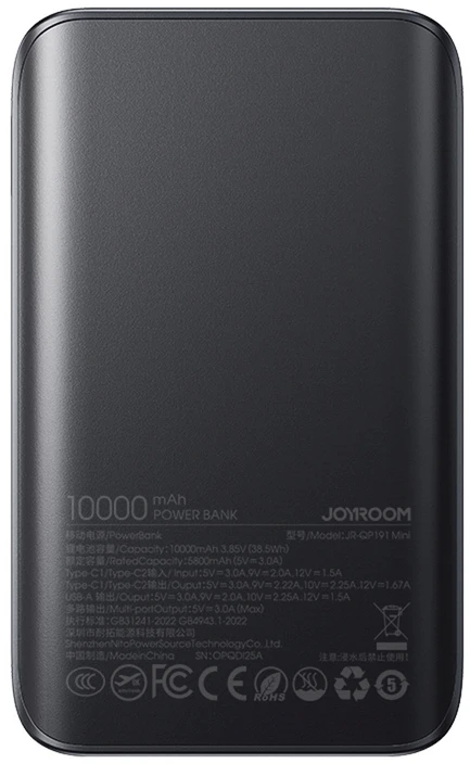 Joyroom JR-QP191 Star Series Mini 10000mAh 22.5W Powerbank with Digital Ekranas - Juodas