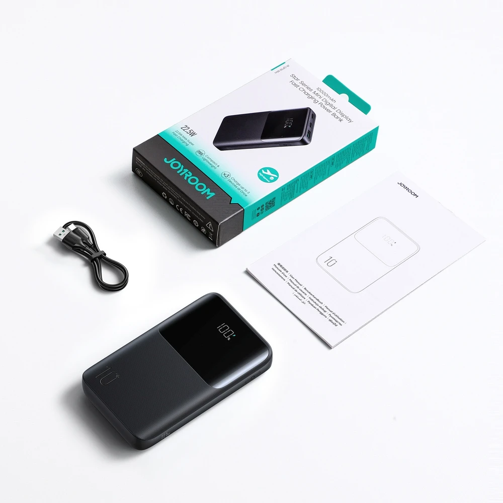 Joyroom JR-QP191 Star Series Mini 10000mAh 22.5W Powerbank with Digital Ekranas - Juodas