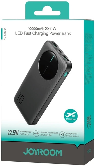 Joyroom JR-PBF12 Pro Powerbank 22.5W 10000mAh with Digital Ekranas 2x USB-A 1x USB-C - Juodas