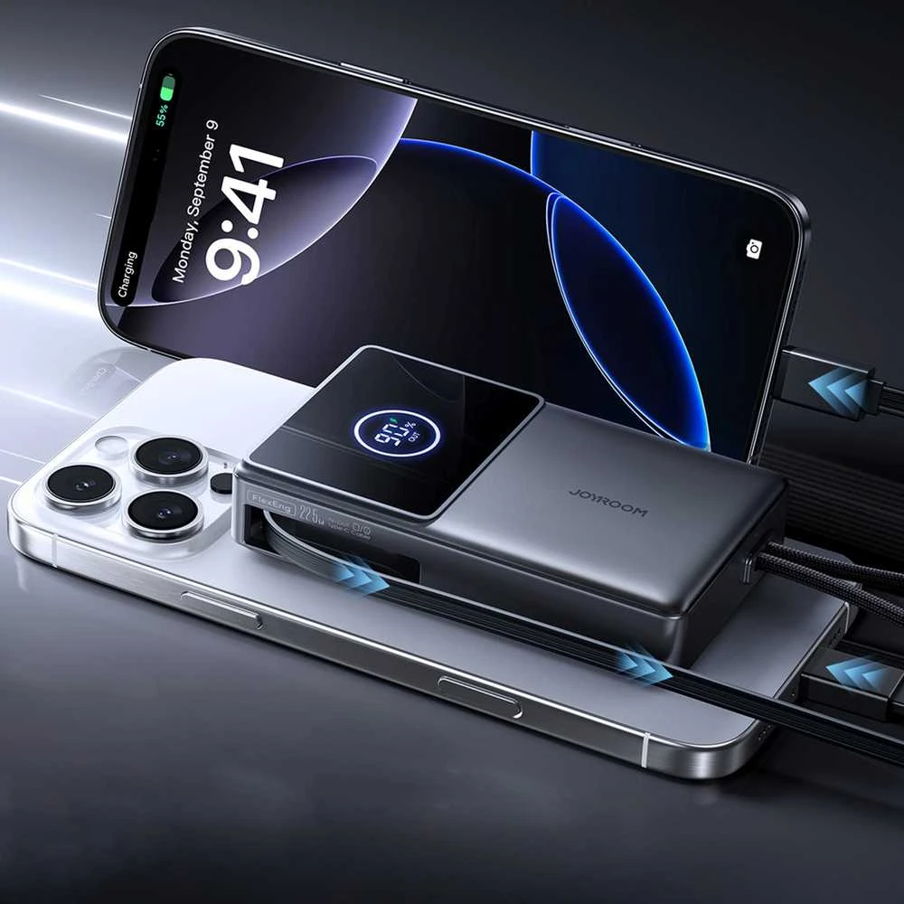 Joyroom JR-PR1 10000mAh 22.5W išorinė baterija su integruotu ištraukiamu USB-C laidu – juodos spalvos