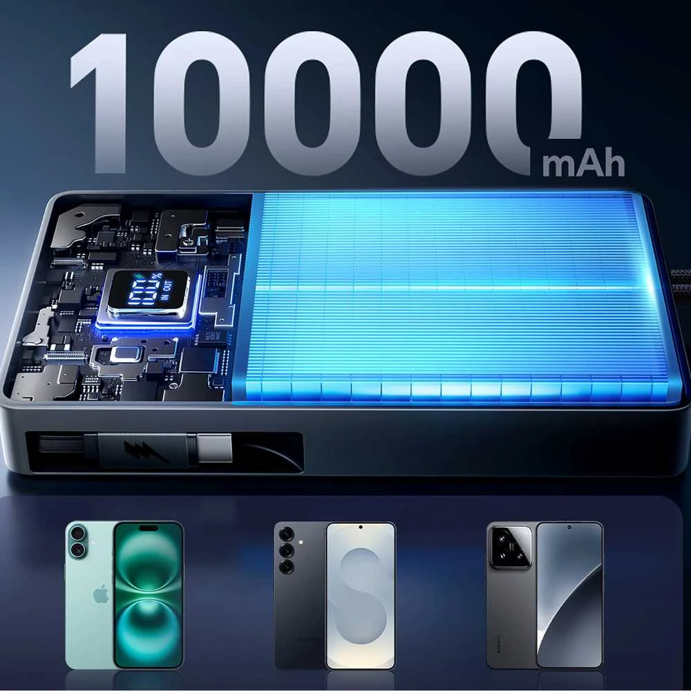 Joyroom JR-PR1 10000mAh 22.5W išorinė baterija su integruotu ištraukiamu USB-C laidu – juodos spalvos