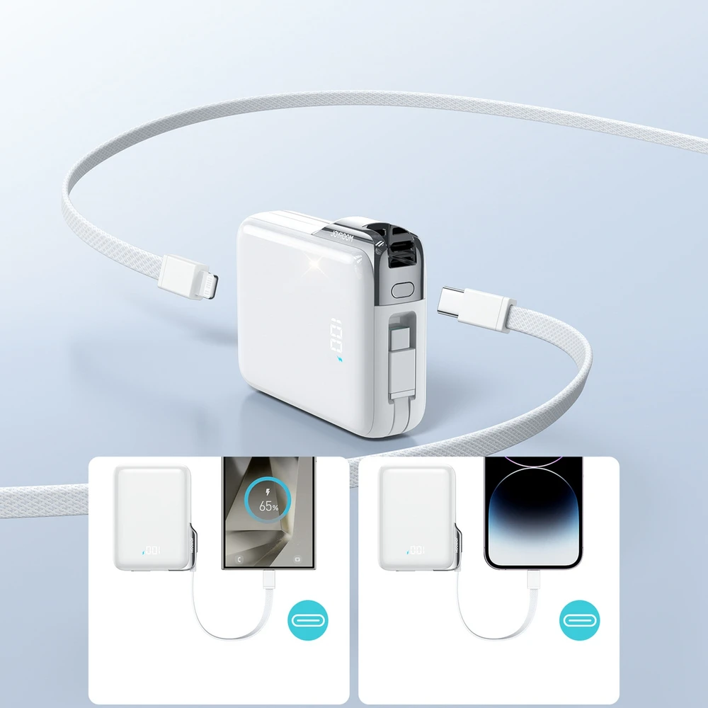 Joyroom JR-PBF27 Pro 10000mAh 30W išorinė baterija su integruotu USB-C laidu ir papildomu dvikrypčiu USB-C–Lightning laidu – balta