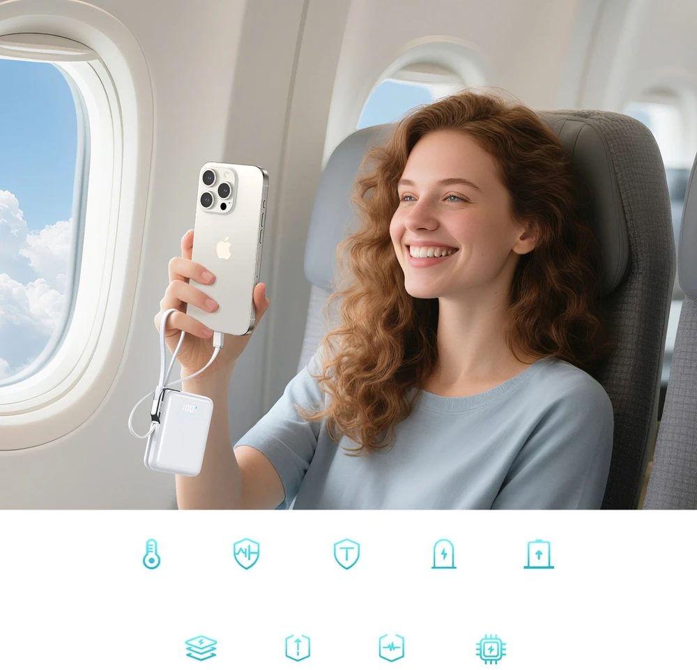 Joyroom JR-PBF27 Pro 10000mAh 30W išorinė baterija su integruotu USB-C laidu ir papildomu dvikrypčiu USB-C–Lightning laidu – balta