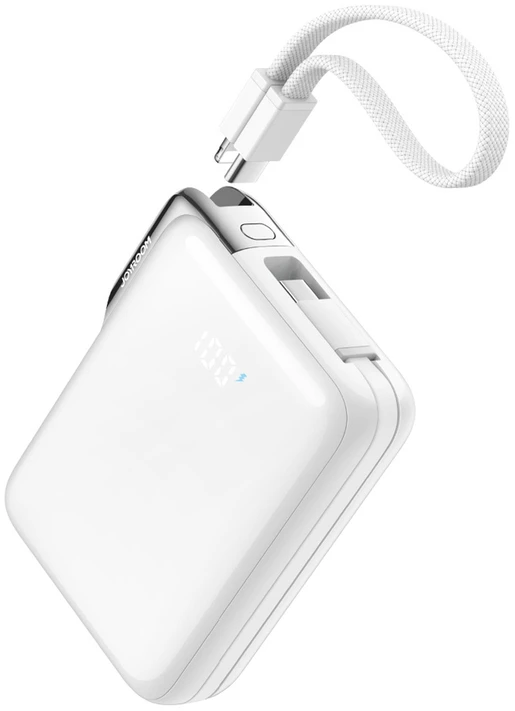 Joyroom JR-PBF27 Pro 10000mAh 30W išorinė baterija su integruotu USB-C laidu ir papildomu dvikrypčiu USB-C–Lightning laidu – balta