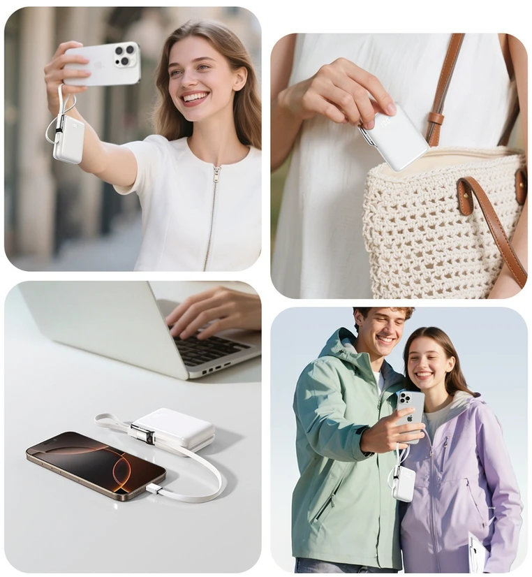 Joyroom JR-PBF27 Pro 10000mAh 30W išorinė baterija su integruotu USB-C laidu ir papildomu dvikrypčiu USB-C–Lightning laidu – balta