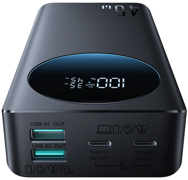 Išorinė baterija Joyroom JR-PBF02 Pro 20000 mAh 45 W su skaitmeniniu ekranu, 2x USB-A, 2x USB-C, juoda