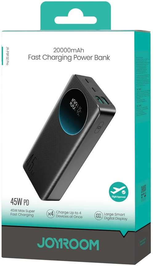 Išorinė baterija Joyroom JR-PBF02 Pro 20000 mAh 45 W su skaitmeniniu ekranu, 2x USB-A, 2x USB-C, juoda