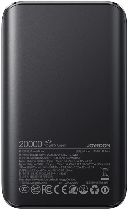 Joyroom JR-QP192 Star Series Mini 20000mAh 22.5W Powerbank with Digital Ekranas - Juodas