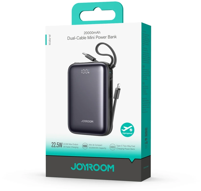 Joyroom JR-PBF29 20000mAh 22.5W išorinė baterija su dvigubu laidu - Juodas