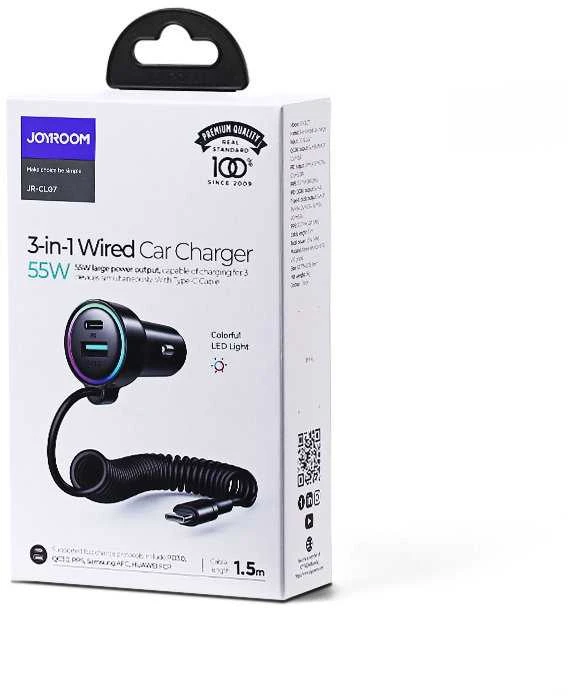 Automobilinis įkroviklis Joyroom JR-CL07 3-in-1 USB/Type-C 55W + Type-C 1.5m juodas