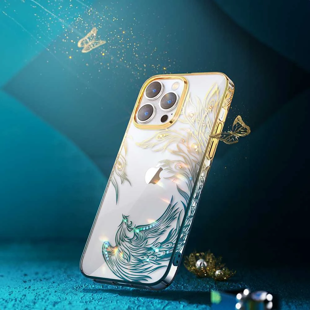 Luxury Apple iPhone 14 Plus Kingxbar Phoenix Crystals – dėklas telefonui aukso ir mėlynos spalvos