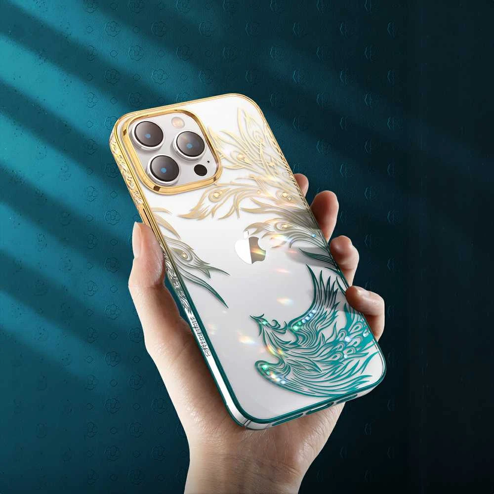 Luxury Apple iPhone 14 Plus Kingxbar Phoenix Crystals – dėklas telefonui aukso ir mėlynos spalvos