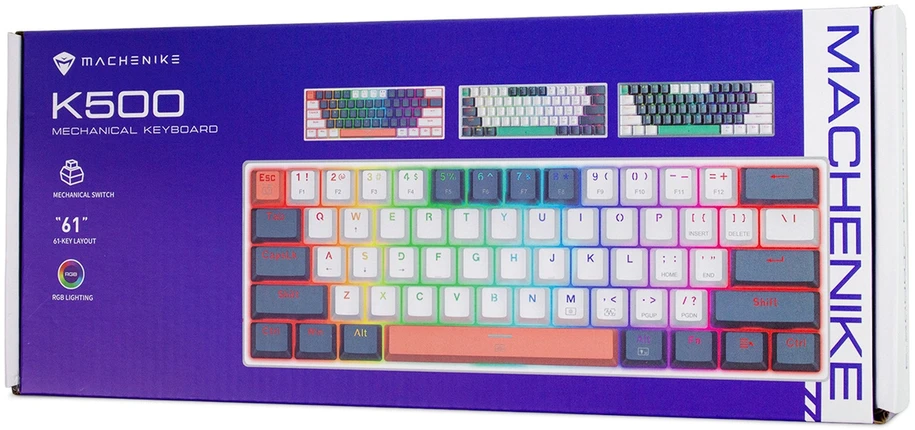 Machenike K500-B61 laidinė mechaninė žaidimų klaviatūra su foniniu apšvietimu, rudas jungiklis - Mėlyna ir Baltas