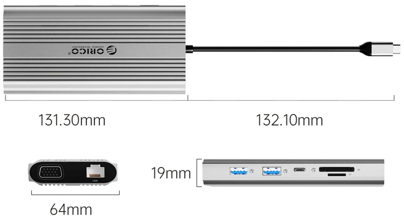 Orico USB-C 12w1 | USB-A | USB-C PD 100W | HDMI 4K | VGA | RJ45 Gigabit - sidabrinė