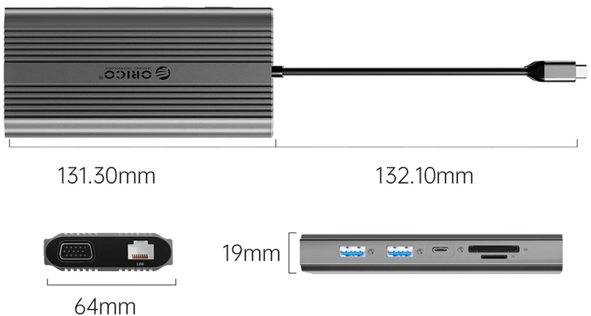 „Orico“ USB-C 12w1 | USB-A | USB-C PD 100W | HDMI 4K | VGA | RJ45 Gigabit - pilka